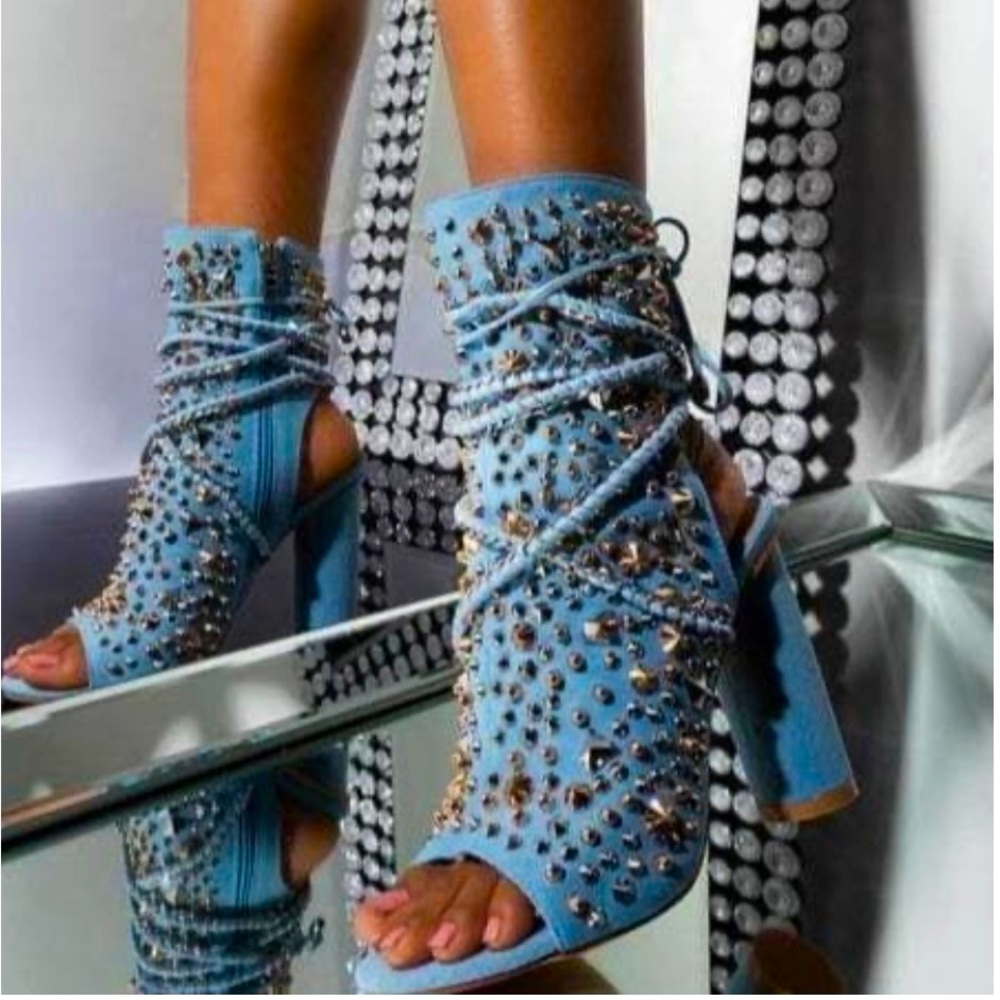 Denim Metallic Stud Chunky Heel Sandal